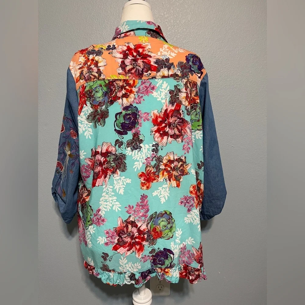 Calessa Boho Patchwork Floral Button Front Tunic Shirt Embroidered Sleeves 2X - Picture 4 of 9